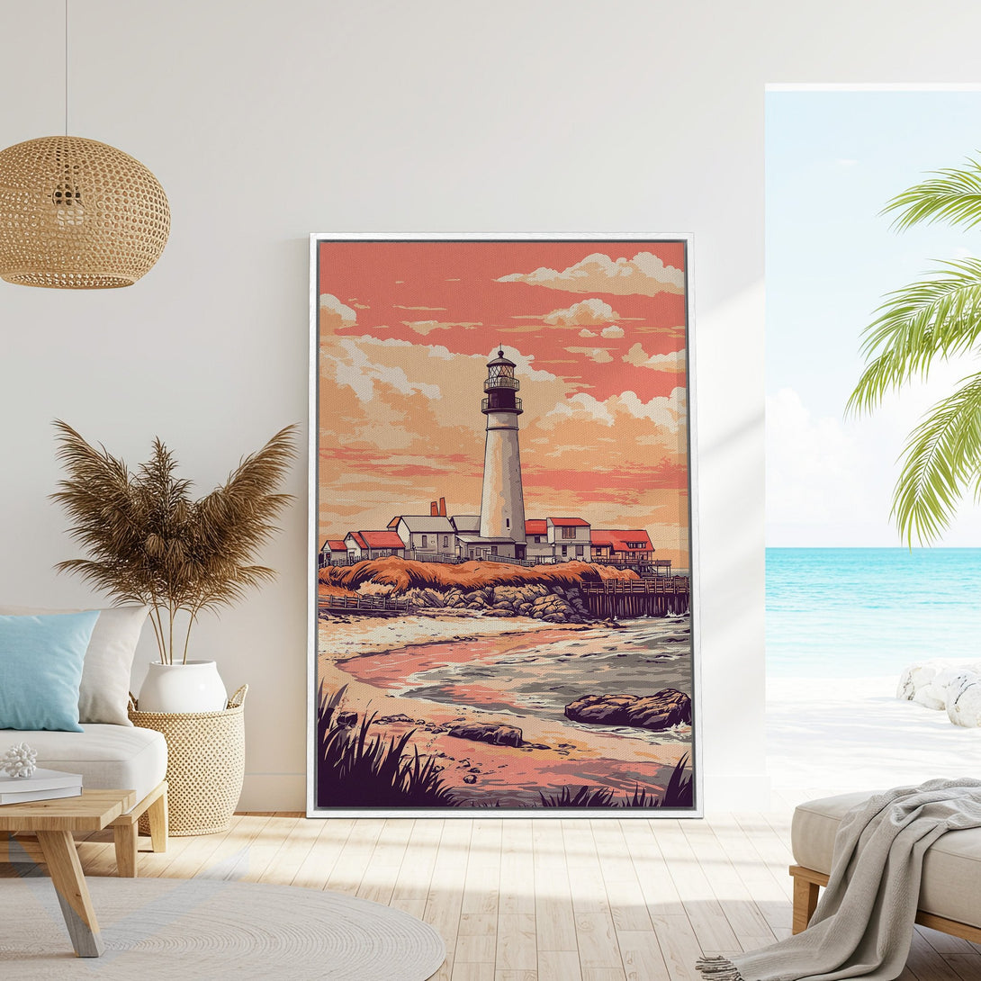 Framed Wall Art: Coastal lighthouse print in warm peach and blue tones. Perfect for adding a touch of serene style to your home decor.