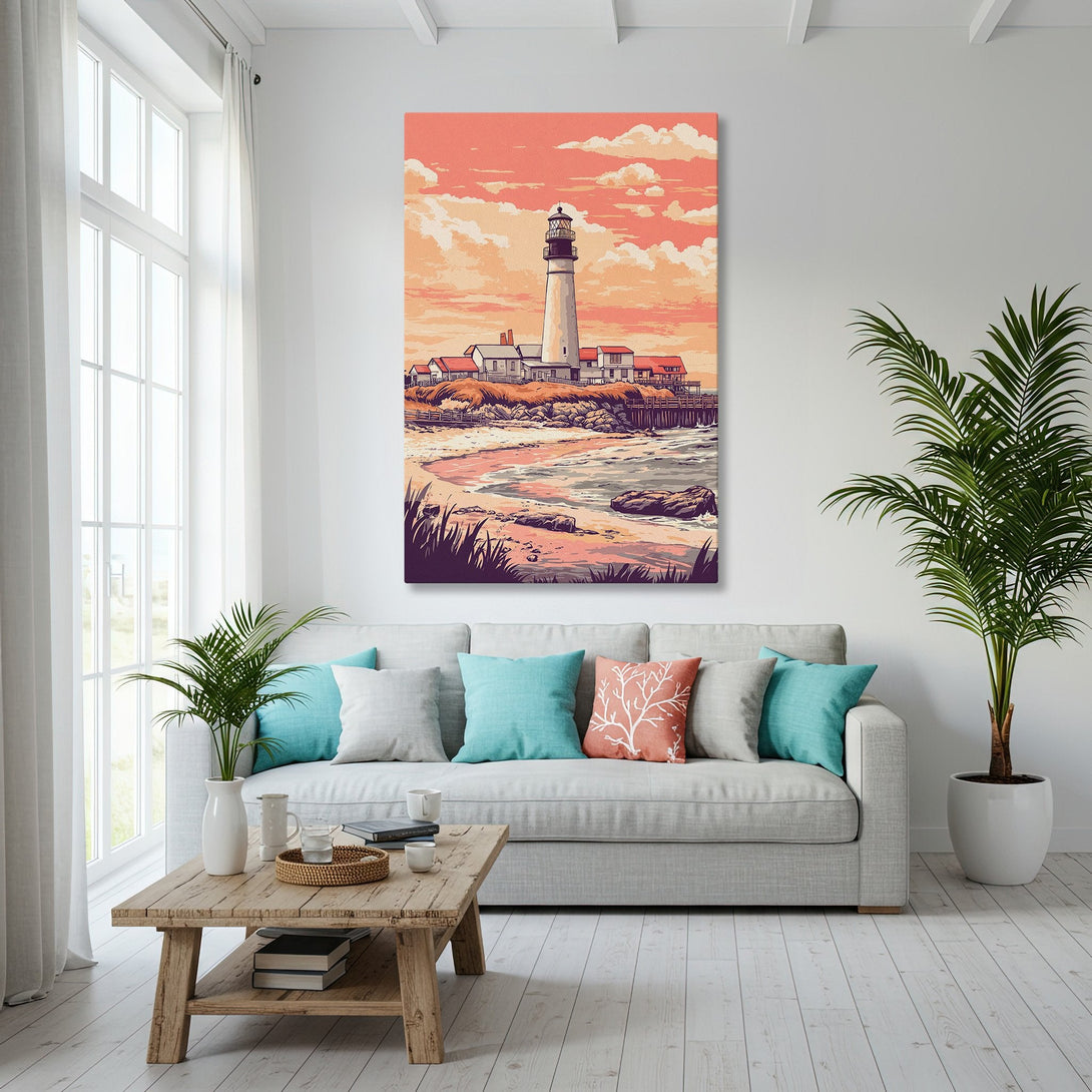 Framed Wall Art: Lighthouse Canvas Print in coastal style with warm peach and blue color palette. Perfect coastal decor for any room.