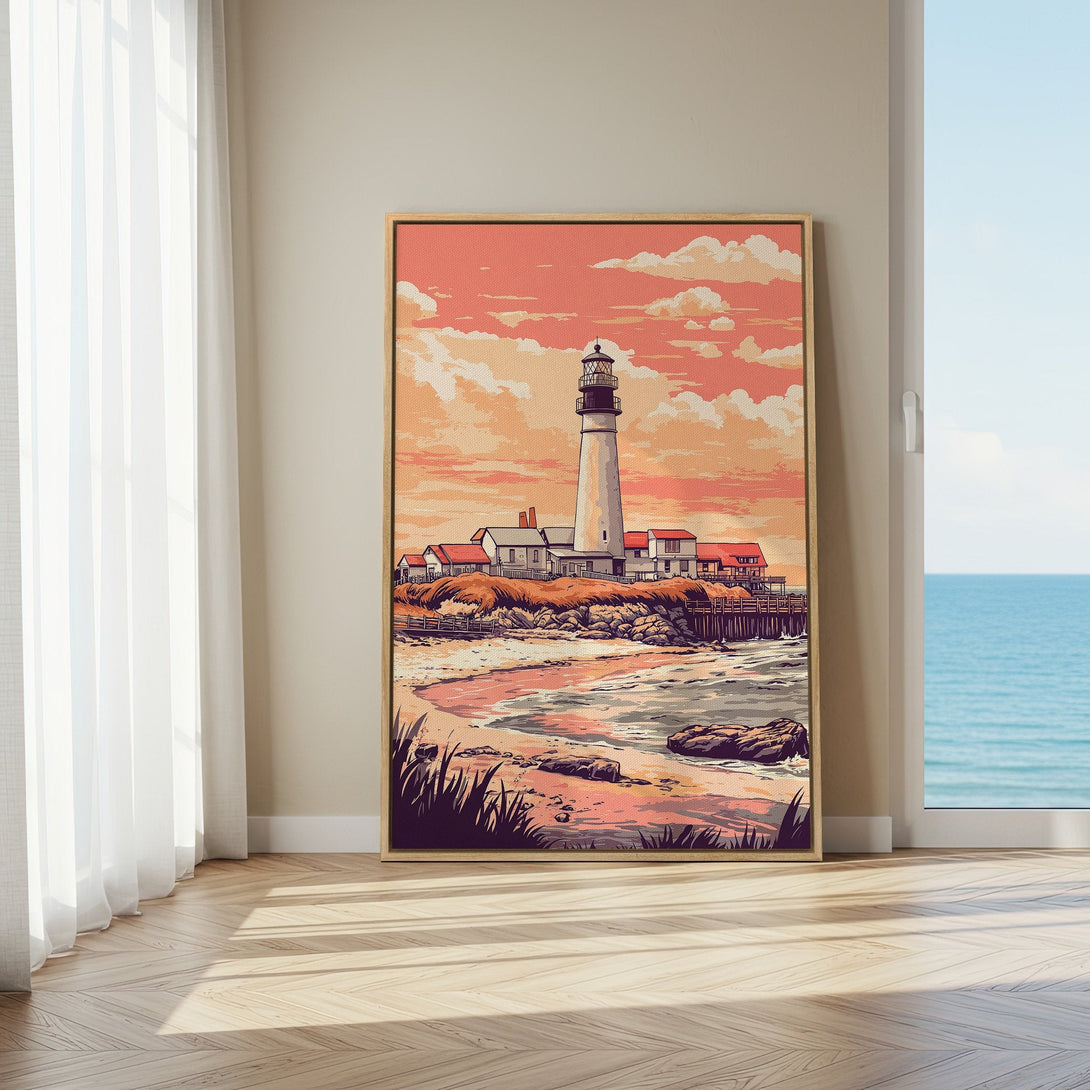 Framed Wall Art: Lighthouse print in warm sunset hues. Coastal art in a mid-century modern style, perfect for adding a touch of serenity to your space.