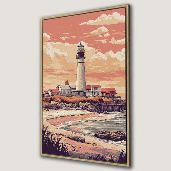 Framed Wall Art of a lighthouse on the coast, vintage style. Warm, earthy color palette. Perfect coastal decor for your home.