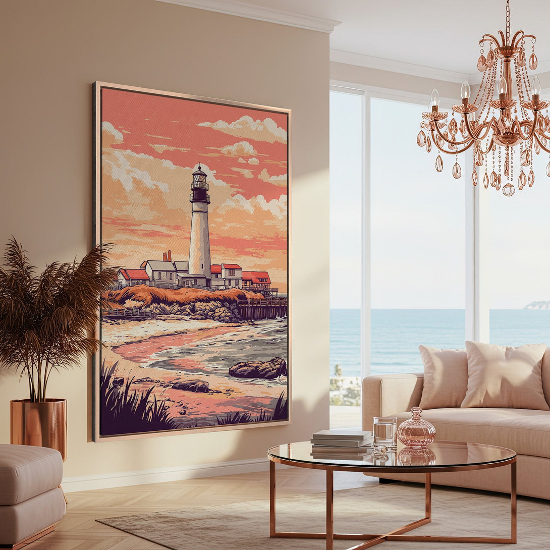 Framed Wall Art: Coastal lighthouse scene in warm peach and coral tones. Perfect for adding a touch of serenity to your living room. Shop now!