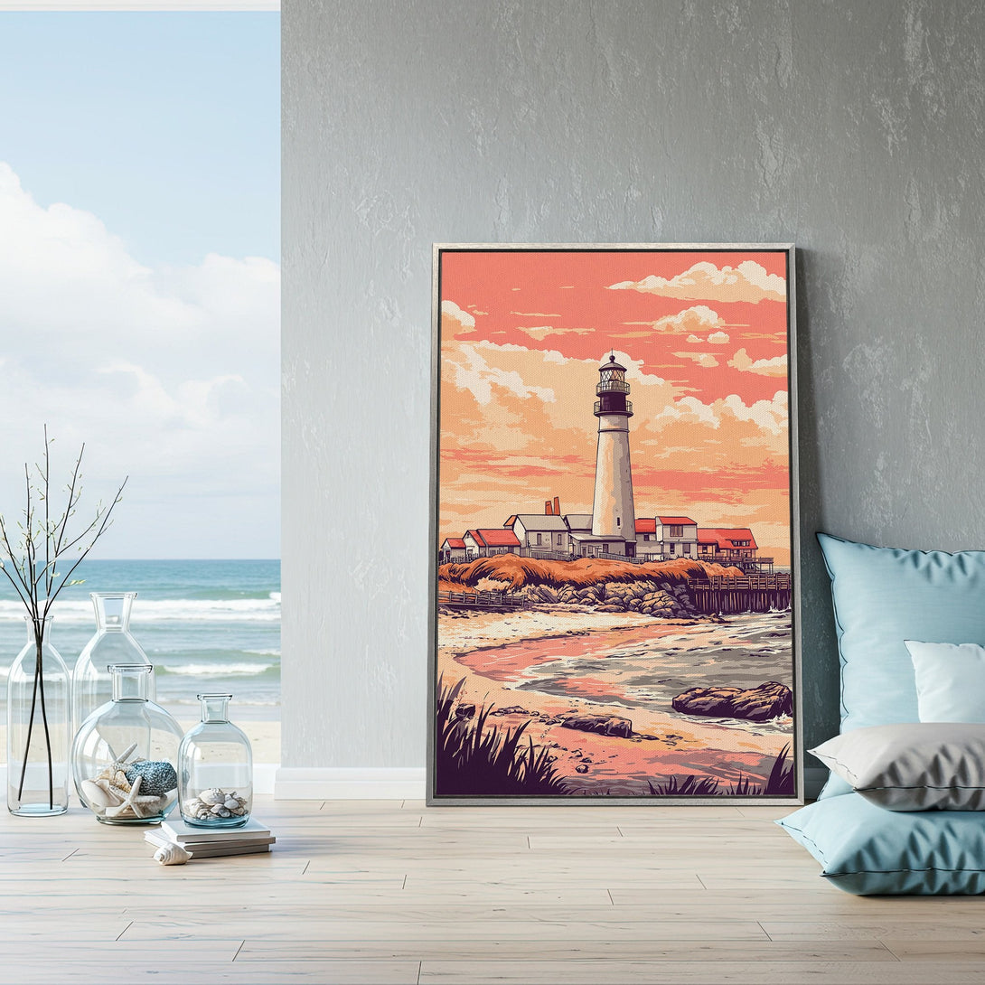 Framed Wall Art featuring a lighthouse scene in a vintage style with a warm, peachy color palette. Perfect coastal decor for your home!