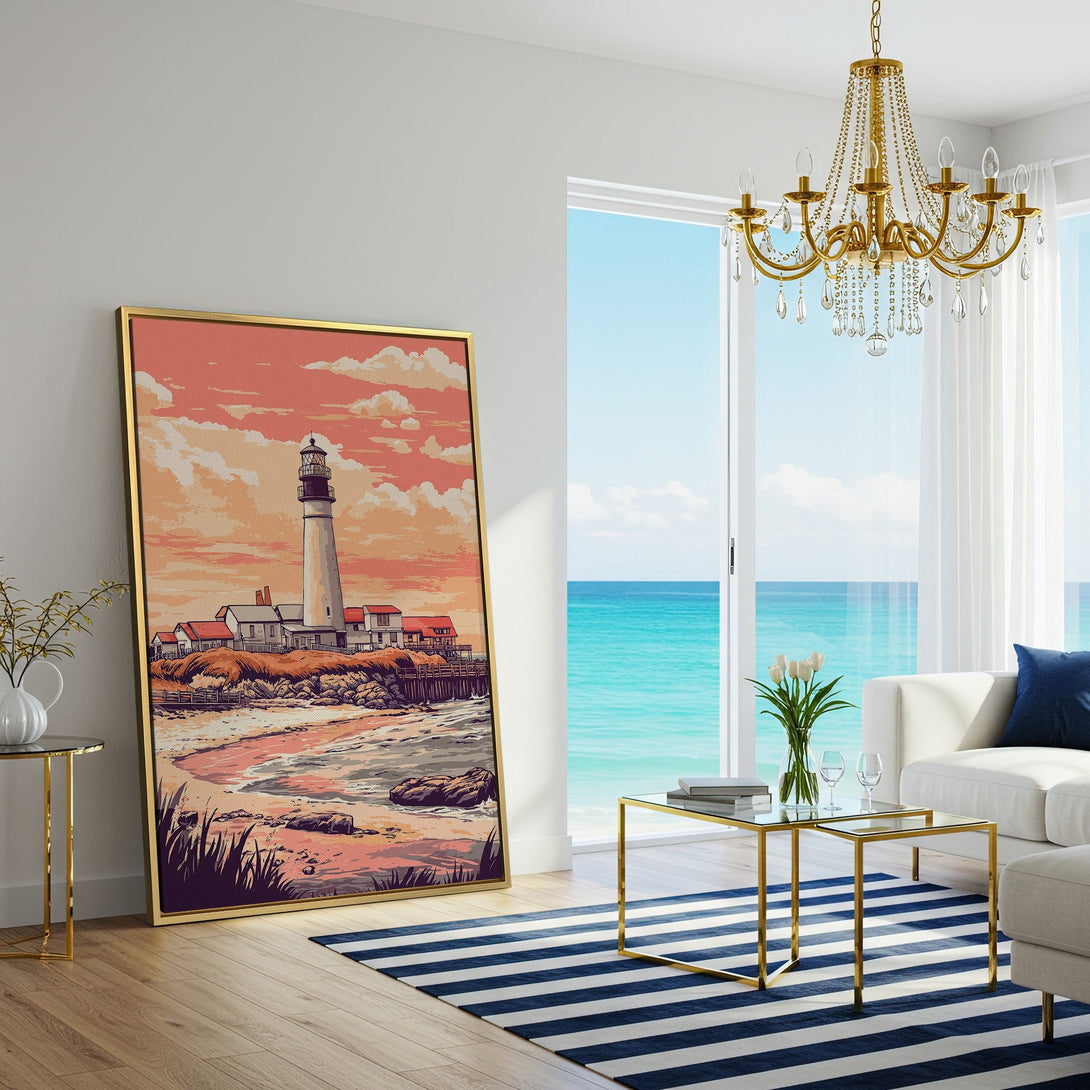 Canvas Print of a lighthouse art piece in a coastal style, with warm peach and beige tones, displayed in a living room setting.