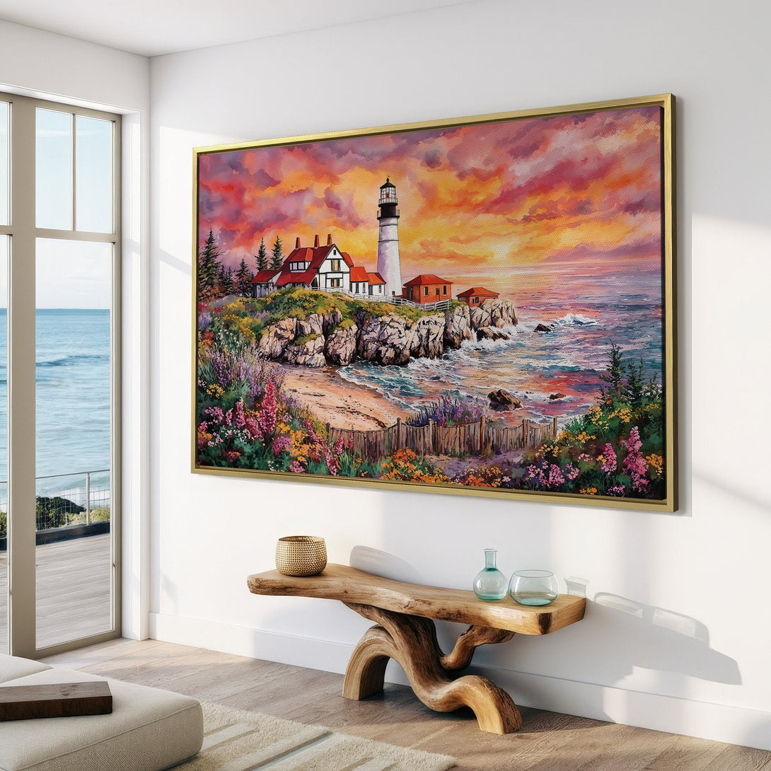 Canvas Print of a lighthouse painting with warm sunset hues, displayed in a modern interior. Coastal art with vibrant orange and purple tones.
