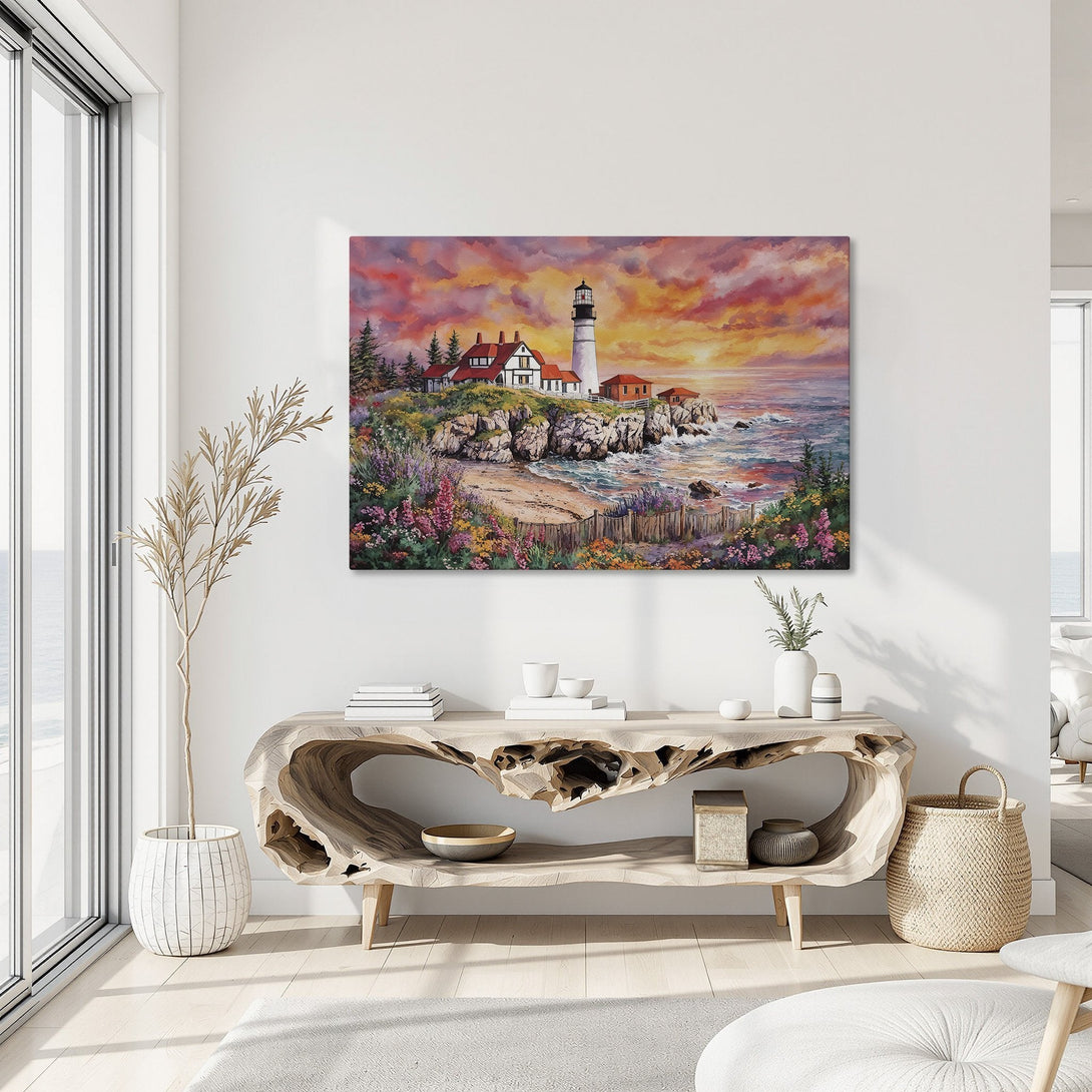 Framed Wall Art: Coastal lighthouse scene in vibrant sunset colors. Enhance your space with this stunning Canvas Print, featuring warm orange and pink hues.