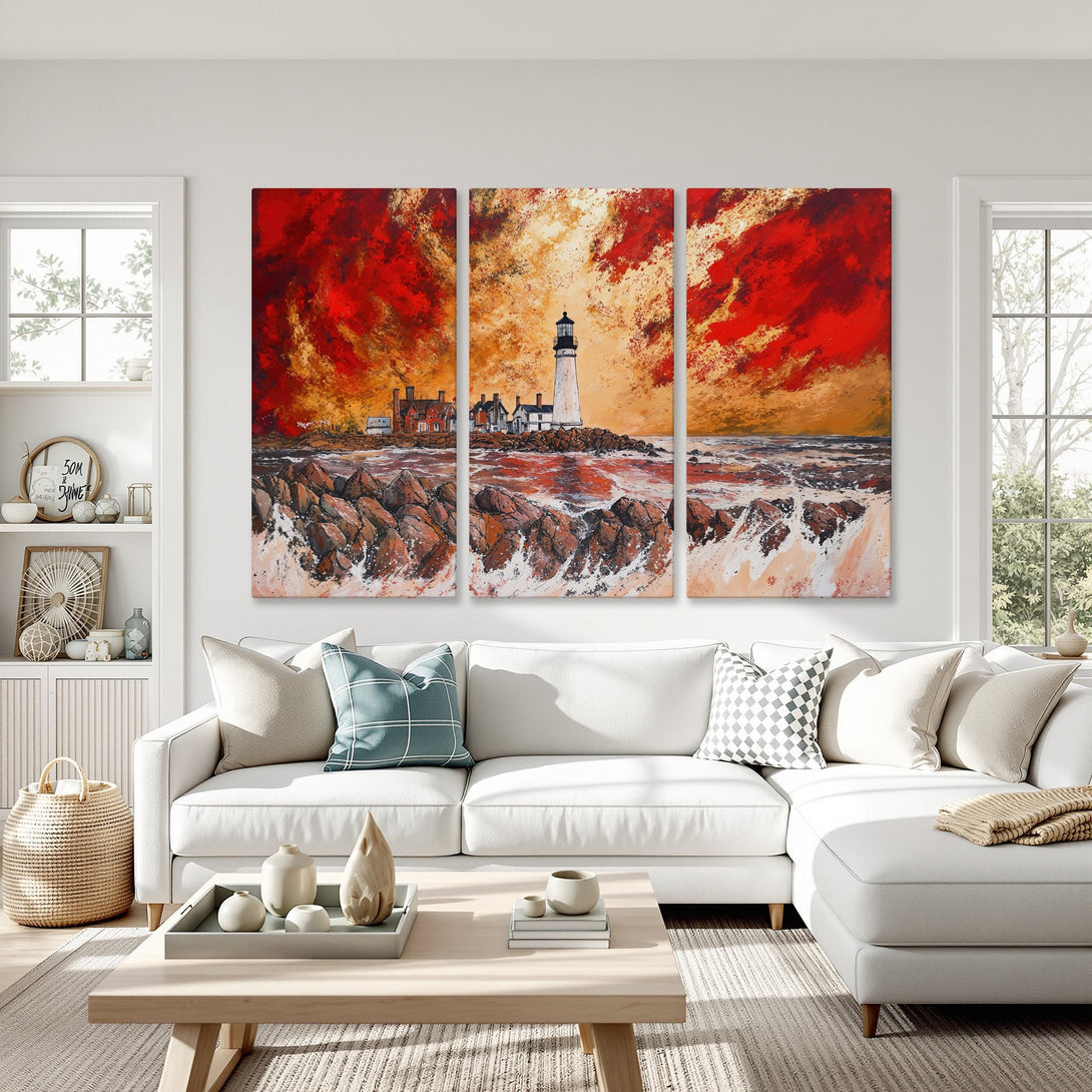Canvas Print of a lighthouse painting in a living room. Dramatic, abstract style with a warm red and orange color palette.