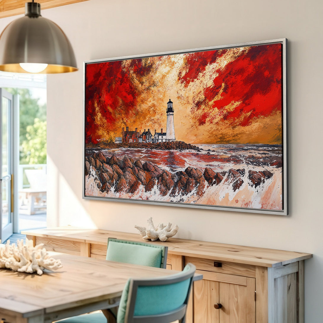 Framed Wall Art of a lighthouse painting with a vibrant red and orange sky. Coastal art for your home.