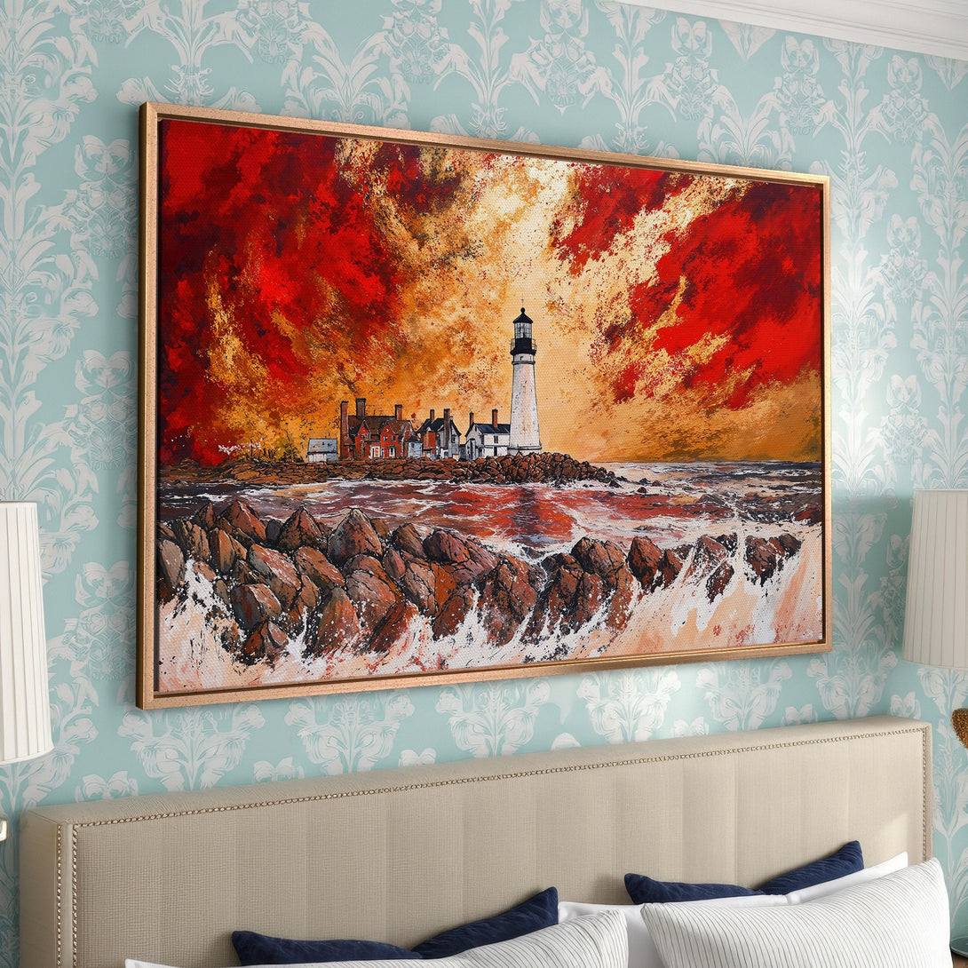 Framed Wall Art: Lighthouse painting with vibrant red and orange sky. Coastal landscape art in warm tones, perfect for bedroom decor.
