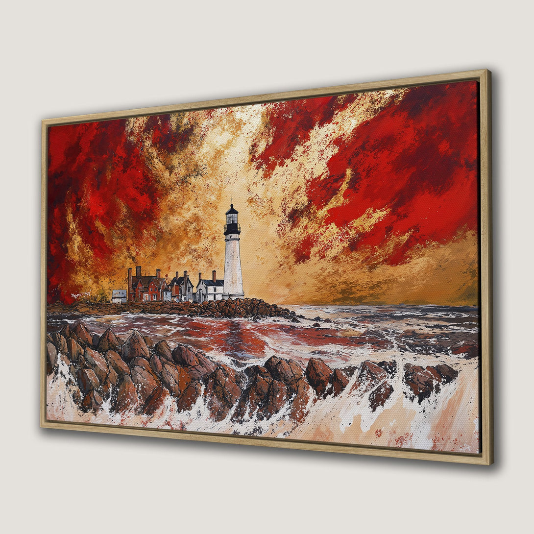 Framed Wall Art: Dramatic lighthouse painting with fiery red and gold sky. Coastal landscape art in warm, inviting colors. Perfect for home decor.