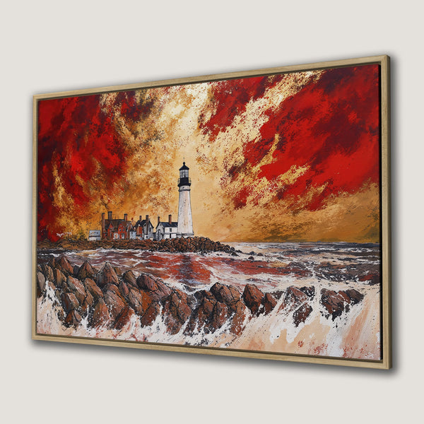 Framed Wall Art: Dramatic lighthouse painting with fiery red and gold sky. Coastal landscape art in warm, inviting colors. Perfect for home decor.