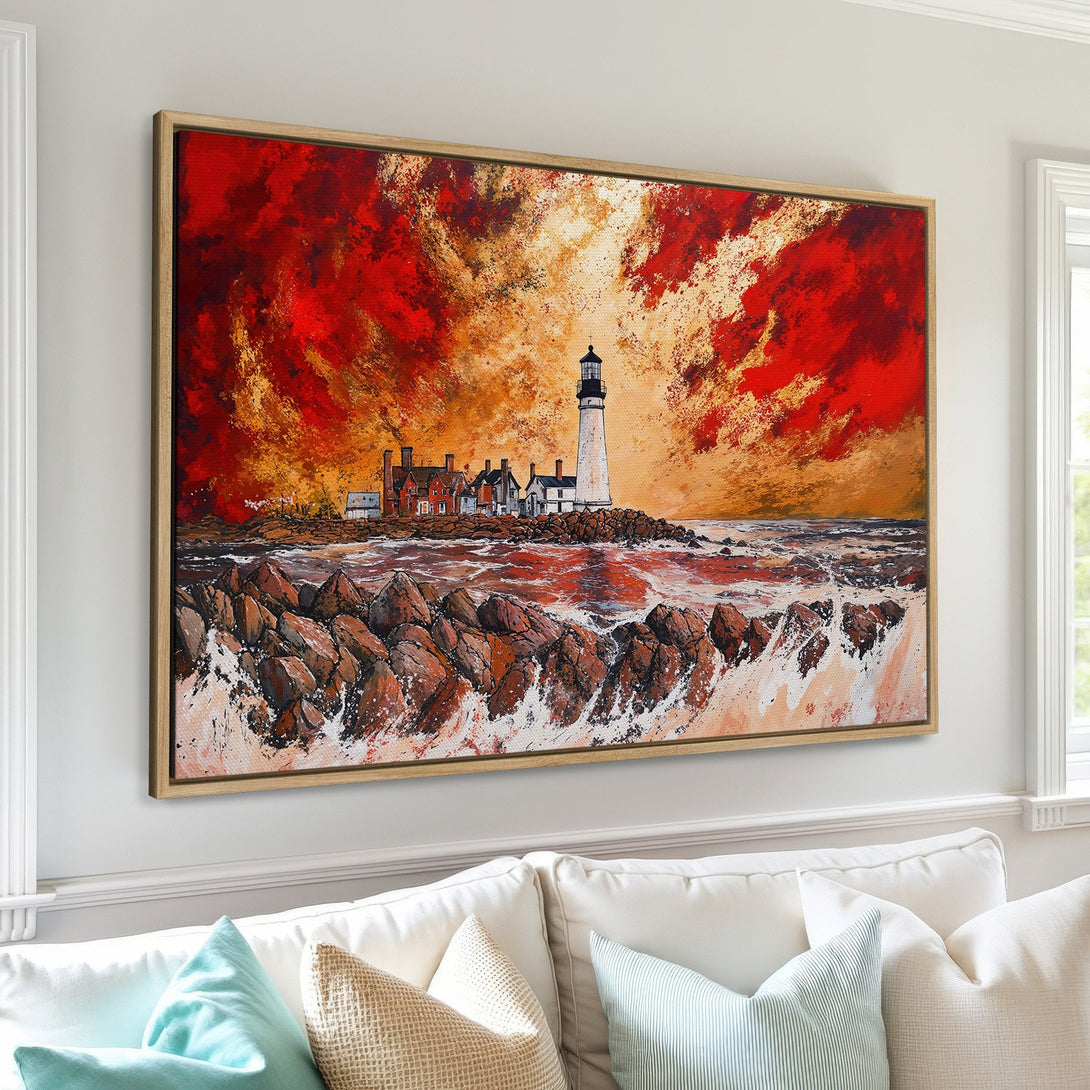 Framed Wall Art: Dramatic lighthouse painting with fiery red and orange sky. Coastal art in warm tones, perfect for living room decor.