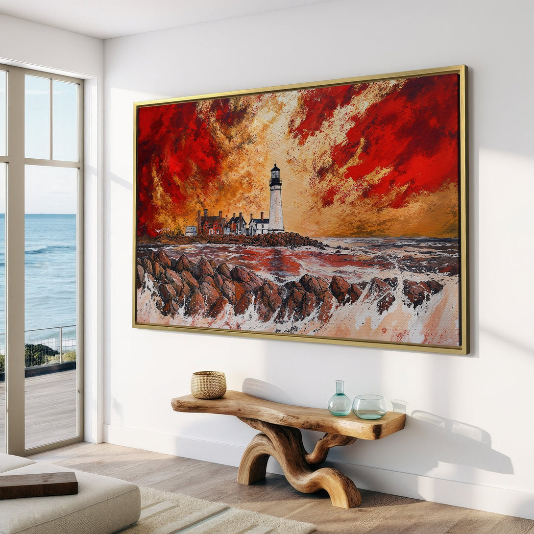 Canvas Print of a lighthouse landscape painting with a fiery red and gold sky. Coastal artwork for a modern living room.