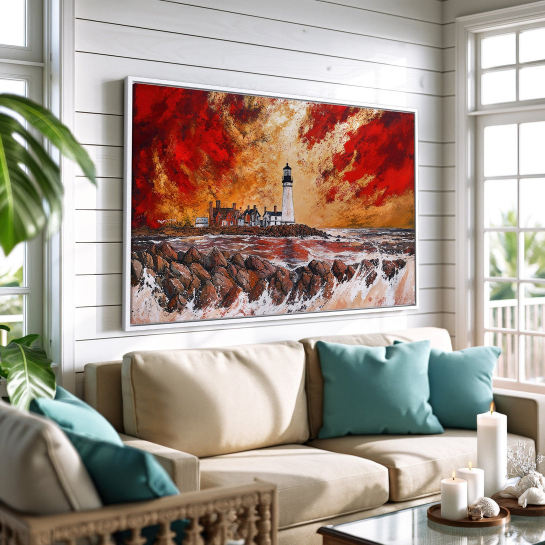 Framed Wall Art: Lighthouse painting with dramatic red and orange sky. Coastal style art with a vibrant color palette, perfect for living room decor.