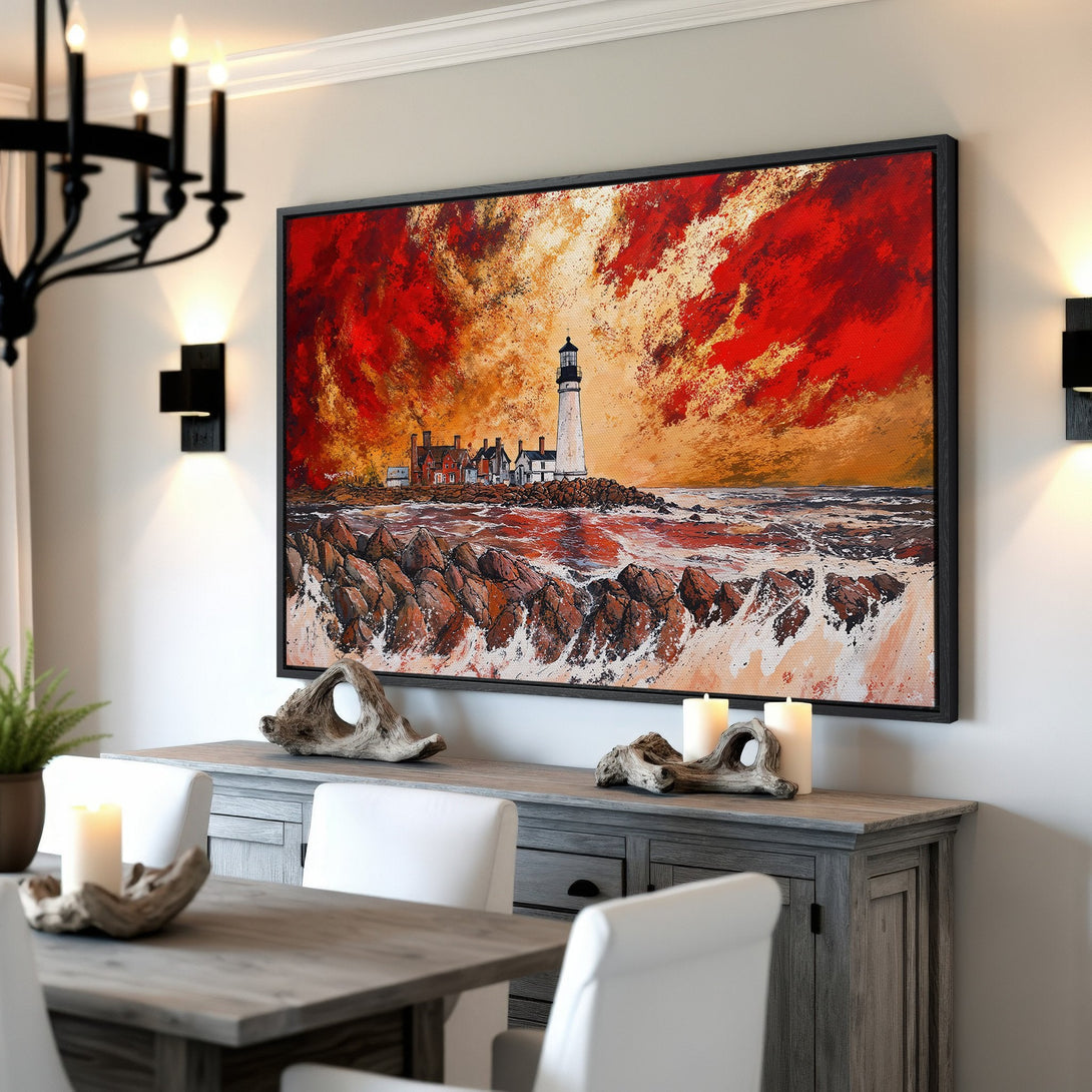 Framed Wall Art: Lighthouse painting with fiery red and orange sky. Coastal art in a dining room. Add drama to your space with this canvas print.