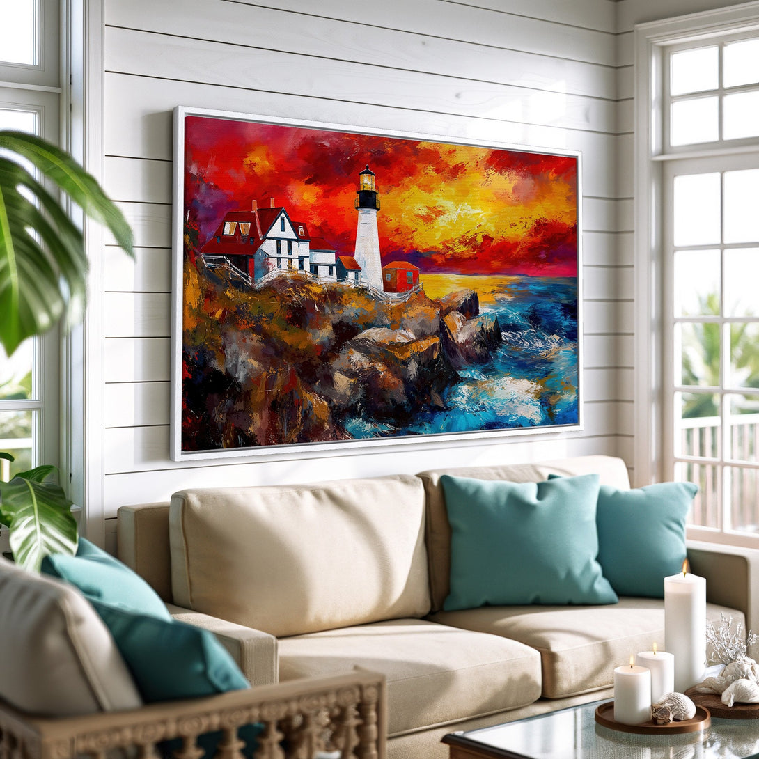 Framed Wall Art: Lighthouse painting with vibrant red, orange, and blue hues. Coastal art adds a pop of color to any room. Perfect for living room decor.