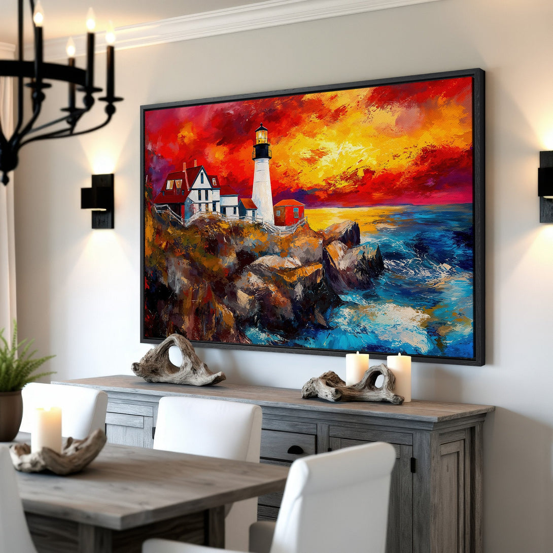 Framed Wall Art: Lighthouse painting with vibrant red, orange, and blue hues. Coastal art in a dining room setting. Add a touch of art to your home!