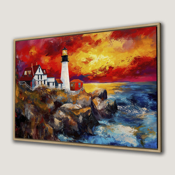 Framed Wall Art: Lighthouse painting with vibrant red and yellow sunset. Coastal artwork in an impressionistic style, perfect for home decor.