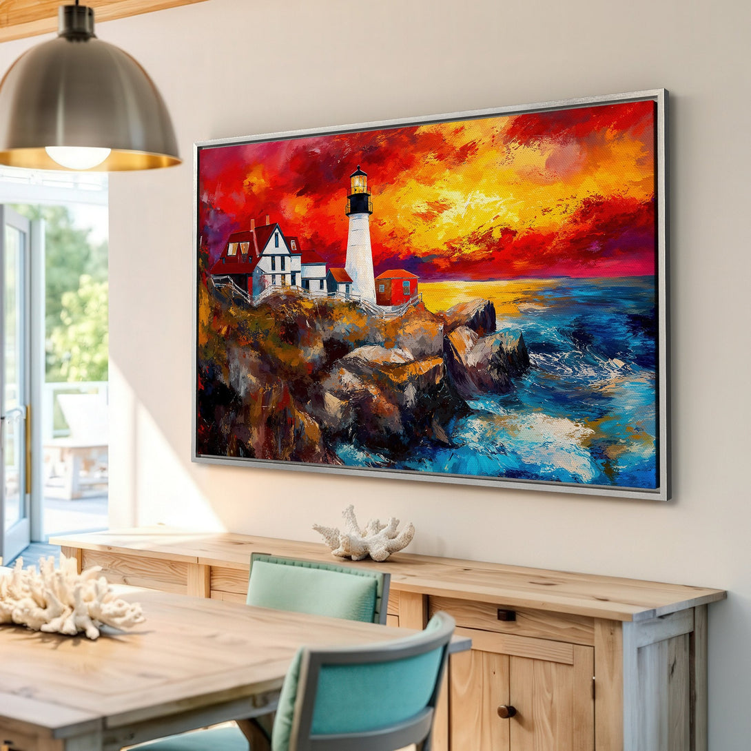 Framed Wall Art: Lighthouse painting with vibrant sunset. Impasto style with red, orange, and blue color palette. Coastal art for home decor.