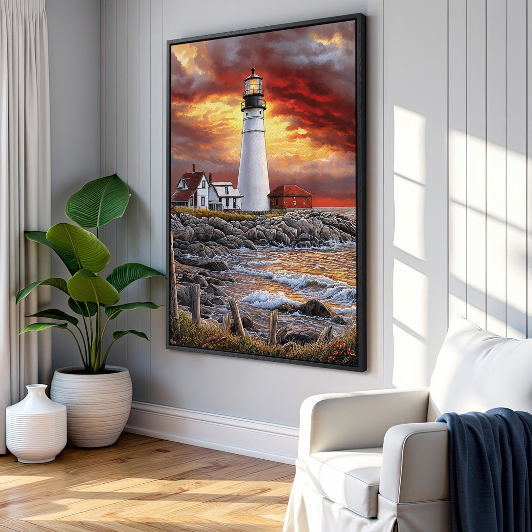 Framed Wall Art: Lighthouse painting with vibrant sunset colors. Coastal artwork in a living room setting. Add a touch of serenity to your space!
