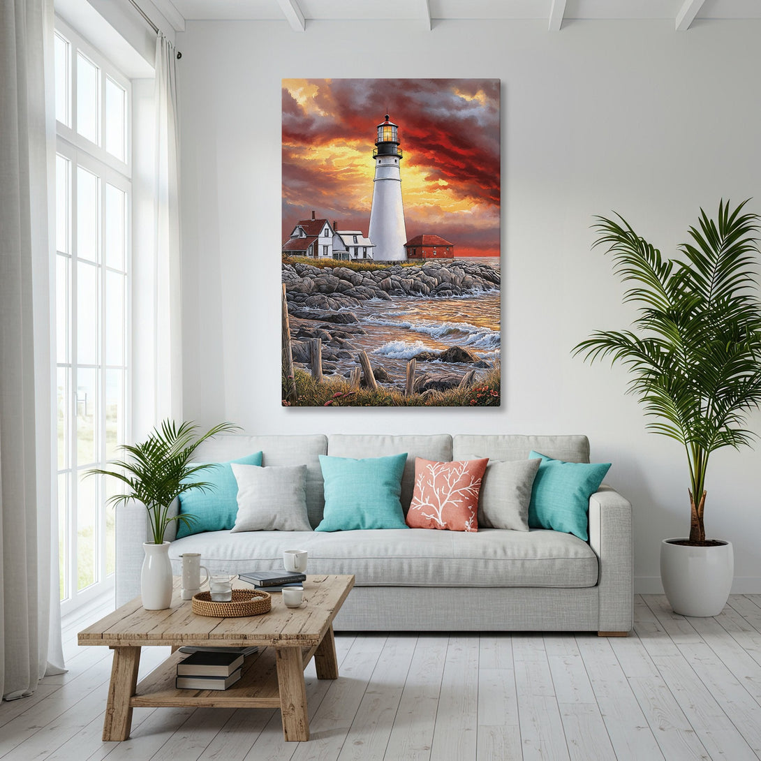 Framed Wall Art featuring a lighthouse at sunset. Coastal style with a warm, vibrant color palette. Perfect for adding a touch of art to your home!