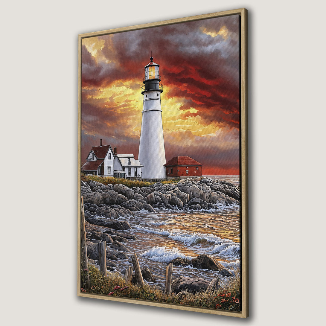 Framed Wall Art: Lighthouse painting with dramatic sunset. Coastal artwork in warm red, orange, and gold tones. Perfect for adding a touch of serenity to any space.