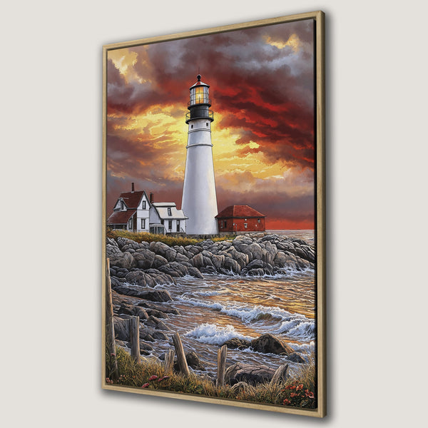 Framed Wall Art: Lighthouse painting with dramatic sunset. Coastal artwork in warm red, orange, and gold tones. Perfect for adding a touch of serenity to any space.