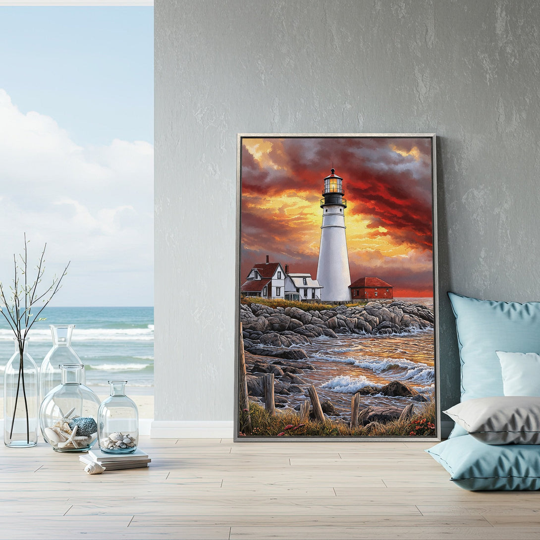 Framed Wall Art: Lighthouse painting with vibrant sunset colors. Coastal artwork in a modern interior. Add a touch of serenity to your home!