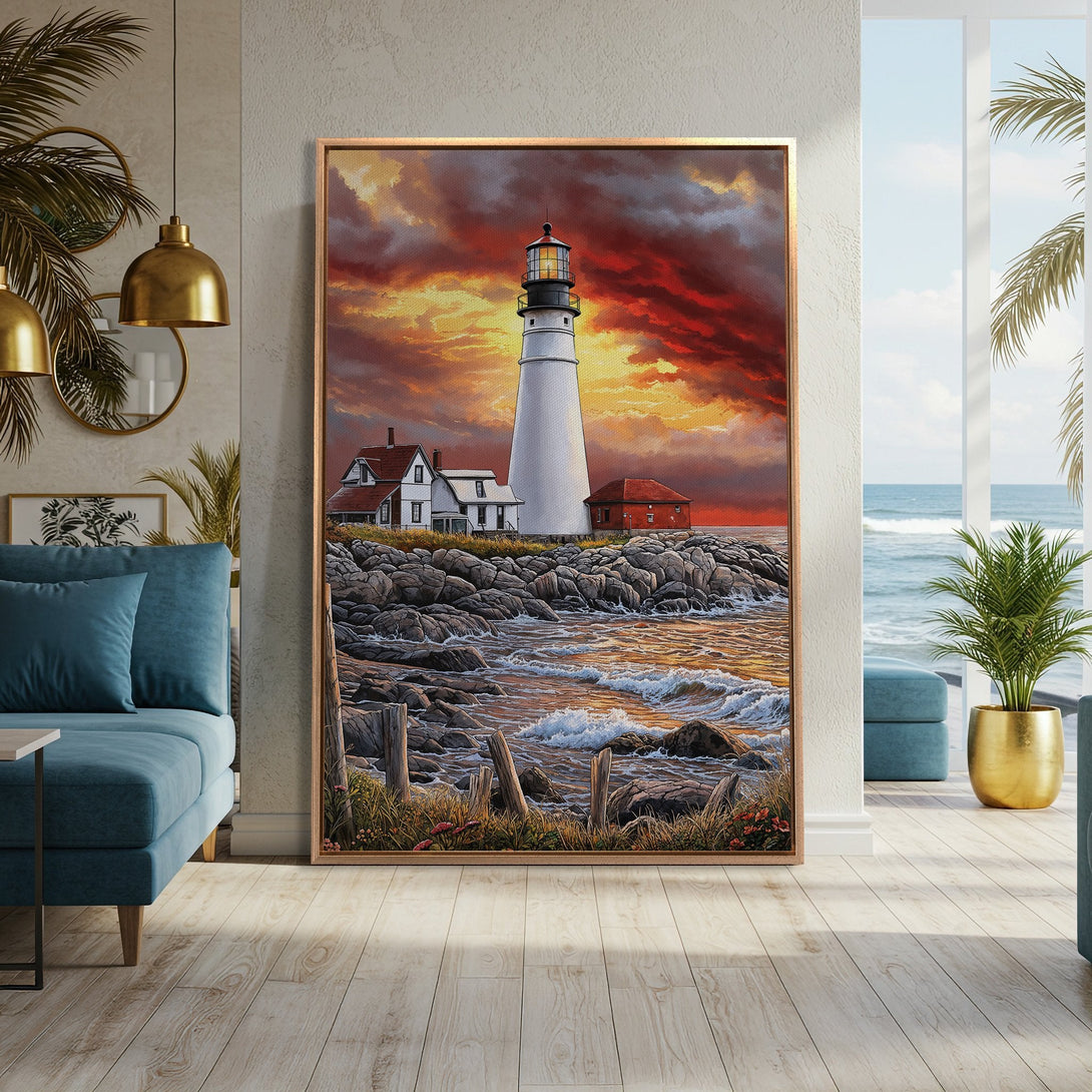 Framed Wall Art featuring a lighthouse at sunset. Dramatic, colorful seascape canvas print with warm red, orange, and gold tones. Perfect coastal decor for any room!
