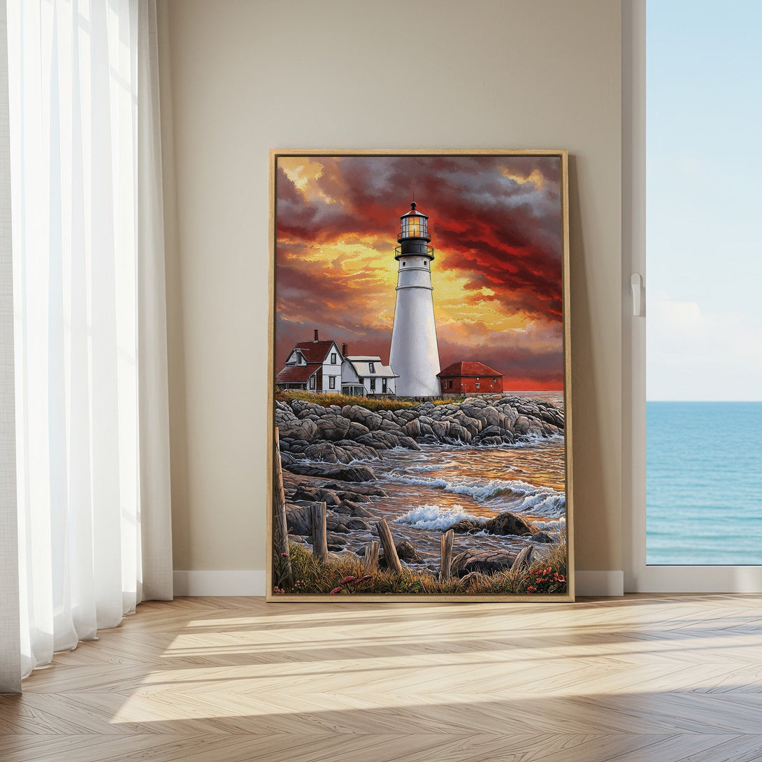 Framed Wall Art: Coastal lighthouse painting with dramatic sunset sky. Warm red, orange, and gold color palette. Perfect for adding a touch of serenity.