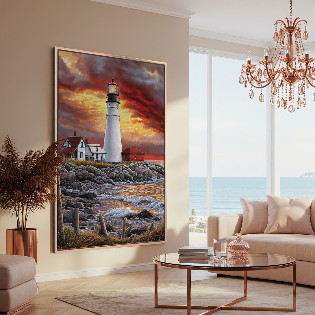 Framed Wall Art: Coastal lighthouse print with vibrant sunset colors. Adds warmth and style to any interior. Shop now for stunning wall decor!