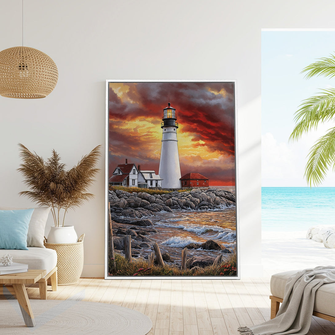 Framed Wall Art: Lighthouse painting with fiery sunset, coastal scene in warm red and orange tones. Perfect for adding a touch of nautical charm to your home.