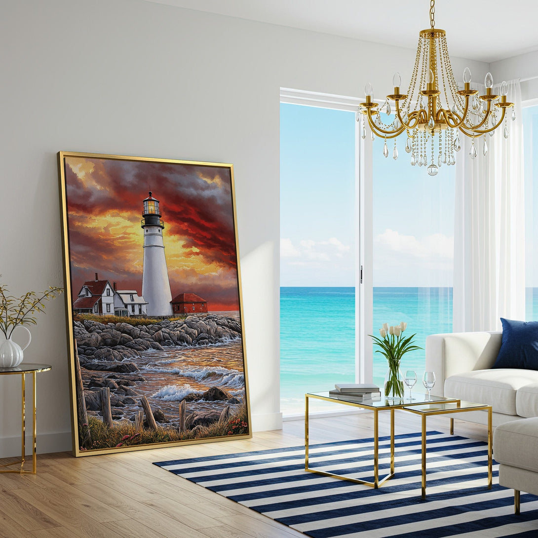Canvas Print of a lighthouse at sunset. Dramatic art with a warm, fiery color palette. Coastal wall art for your home.