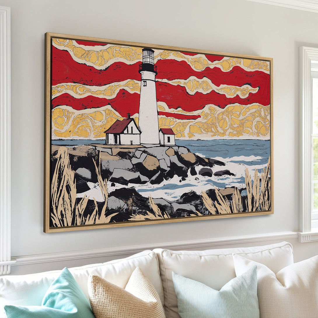 Framed Wall Art of a lighthouse with a bold, graphic style and a vibrant red, yellow, and blue color palette. Perfect coastal decor!