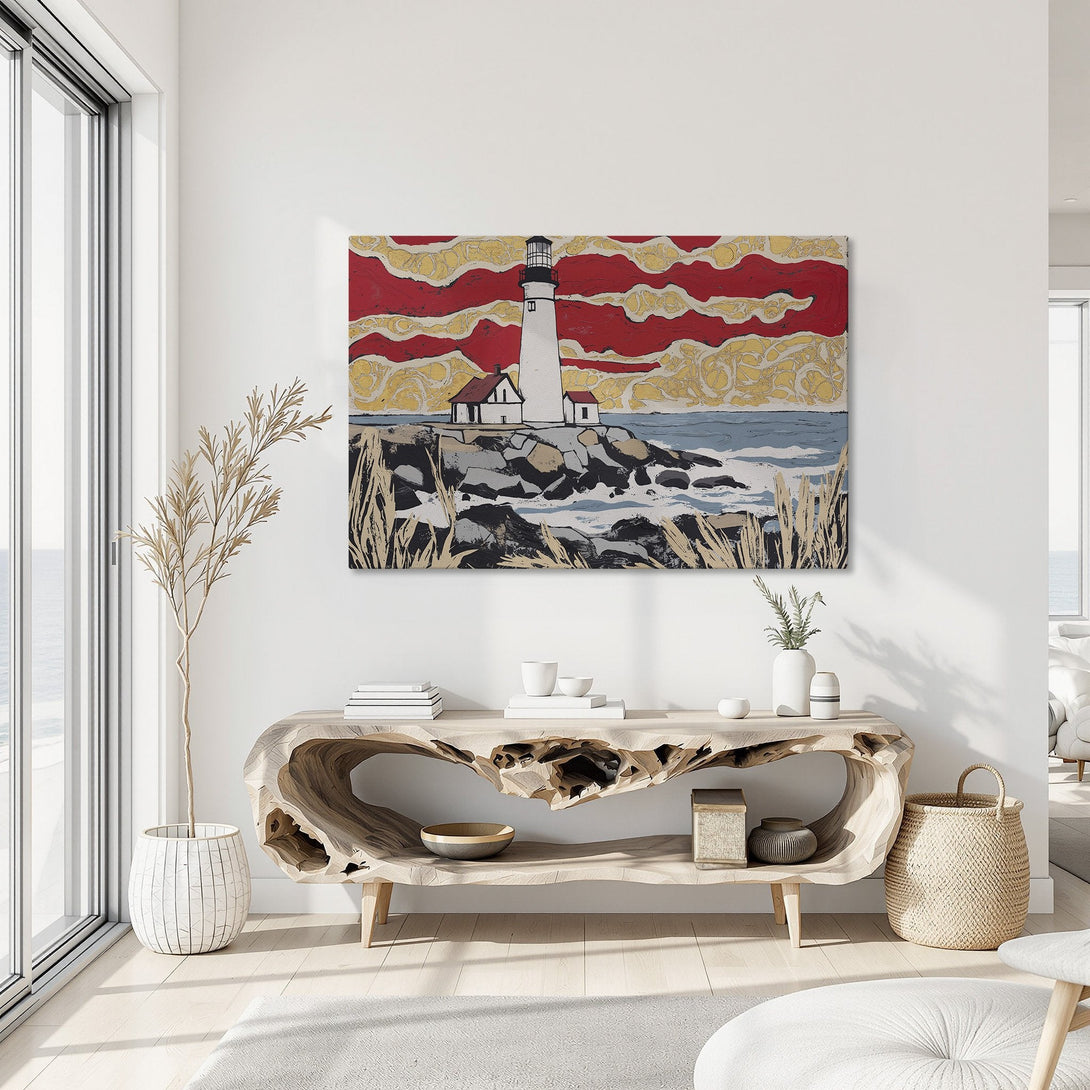 Framed Wall Art: Lighthouse Canvas Print in vibrant red, gold, and blue. Coastal art adds a pop of color and style to any room. Shop now!