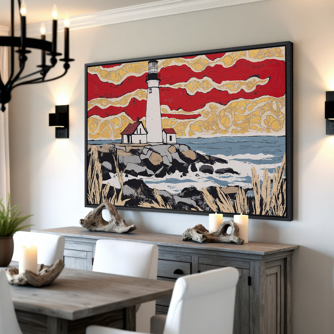 Framed Wall Art: Lighthouse print with vibrant red & gold sky. Coastal style canvas print adds a pop of color to any room. Shop now!