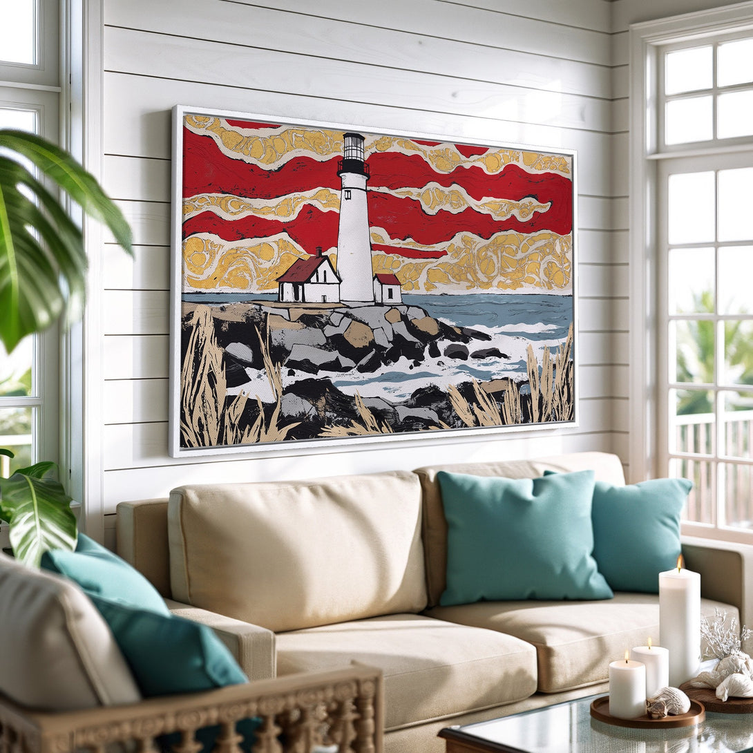 Framed Wall Art of a lighthouse in a coastal style, featuring a red, yellow, and blue color palette. Perfect for adding a nautical touch to your home decor.