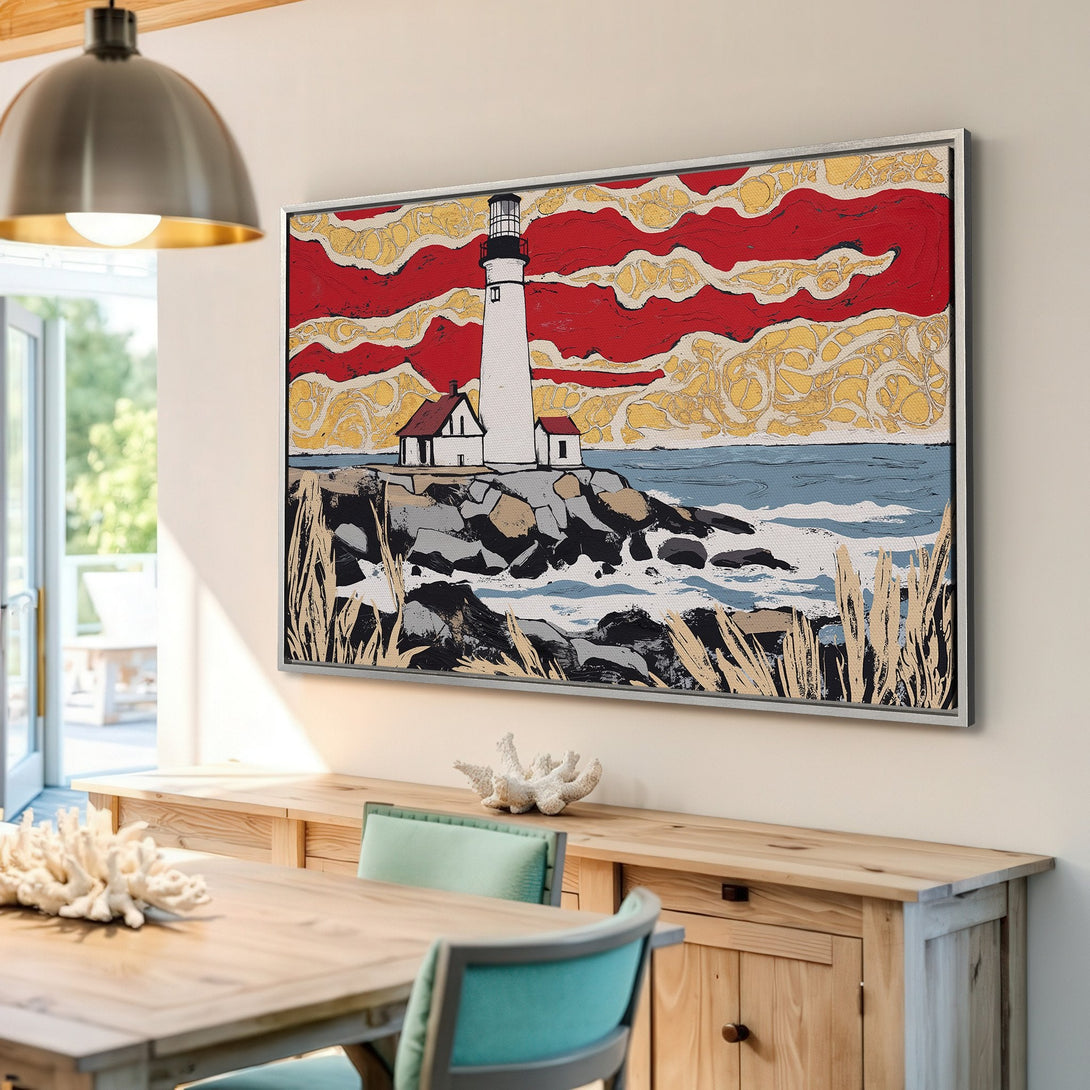 Framed Wall Art of a lighthouse landscape in a bold, graphic style with red, yellow, and blue tones. Perfect coastal decor for your home!
