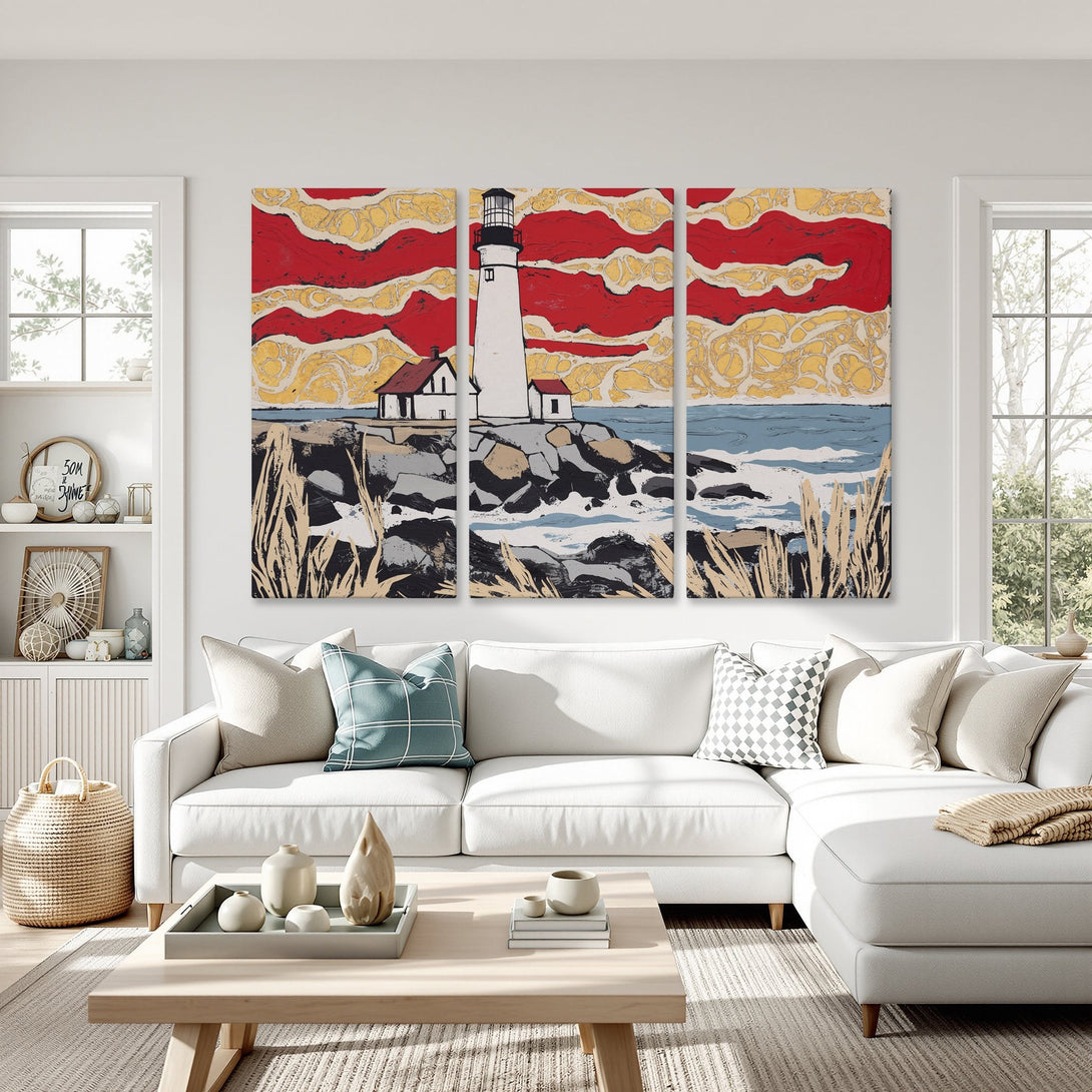 Canvas Print of a lighthouse art piece in a modern style with a red, yellow, and blue color palette, perfect for coastal decor.