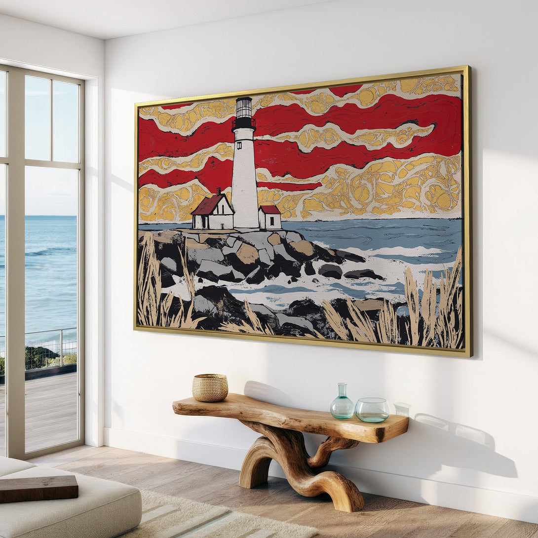 Canvas Print of a lighthouse in a bold, graphic style with red, yellow, and blue hues. Perfect coastal wall art for your home!