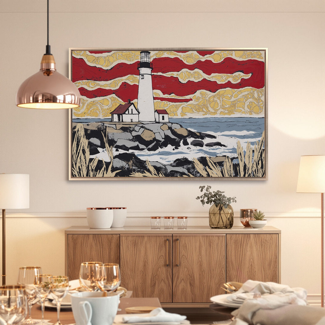 Framed Wall Art: Lighthouse painting with red, yellow, and blue hues. Coastal art in a modern interior. Enhance your home decor with this canvas print.