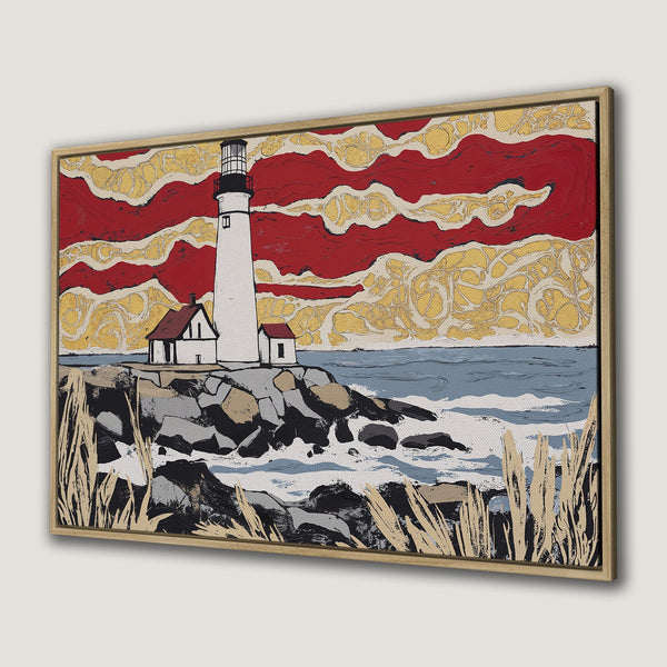 Framed Wall Art: Lighthouse painting with a bold red, gold, and blue color palette. Coastal art in a modern style, perfect for any room!