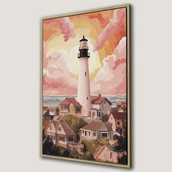 Framed Wall Art of a lighthouse and coastal town in a warm, sunset color palette. Perfect for adding a touch of serenity to your home decor.