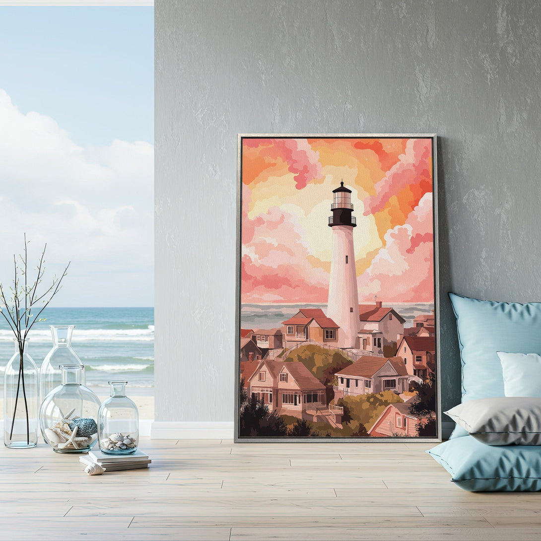 Framed Wall Art featuring a lighthouse painting in a coastal style. Warm sunset color palette perfect for home decor.