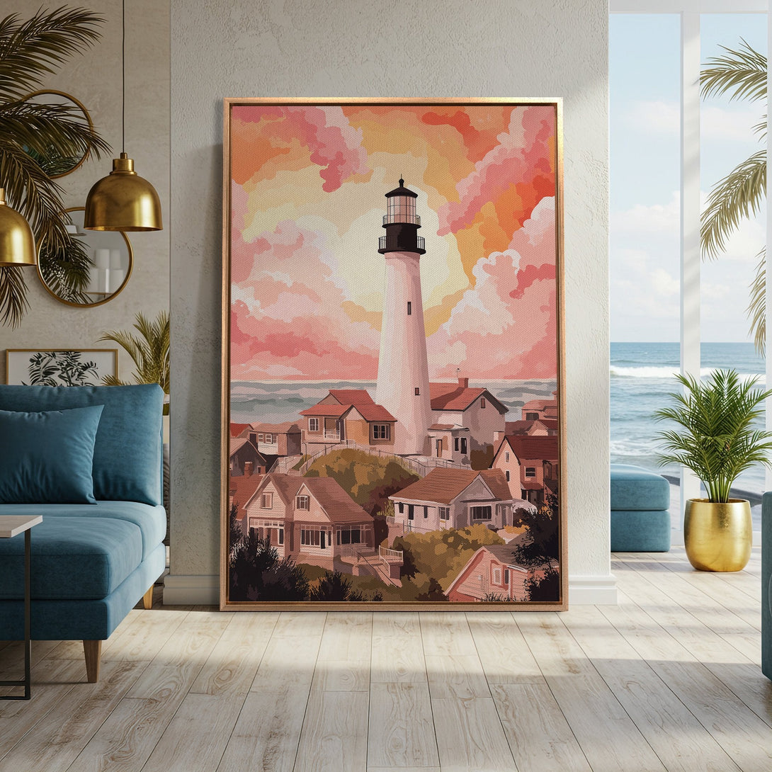 Framed Wall Art: Coastal lighthouse illustration in warm pink and orange tones. Perfect for adding a touch of serenity and style to your home.