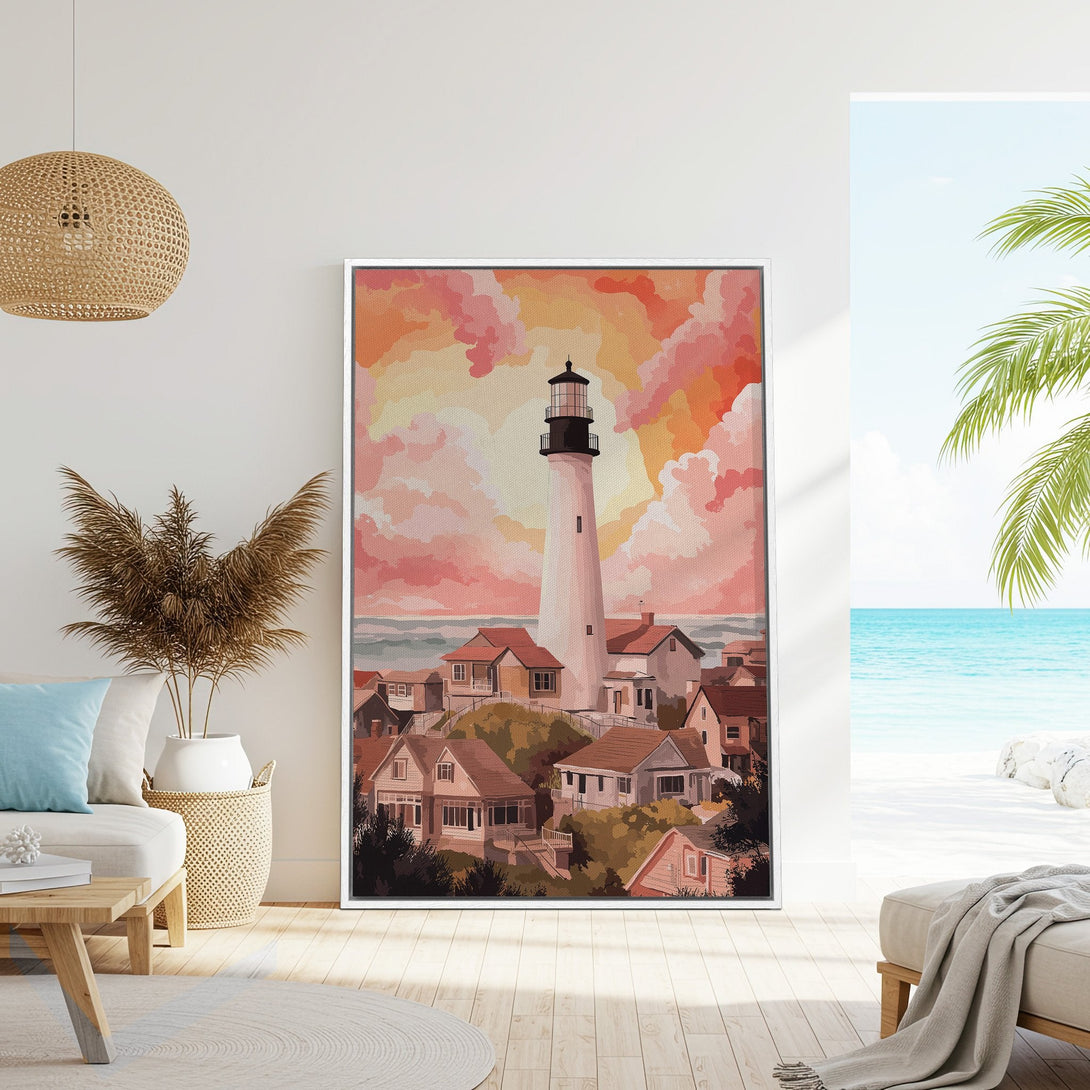 Framed Wall Art featuring a lighthouse and coastal village, in a warm, painterly style with a sunset color palette. Perfect for coastal decor!