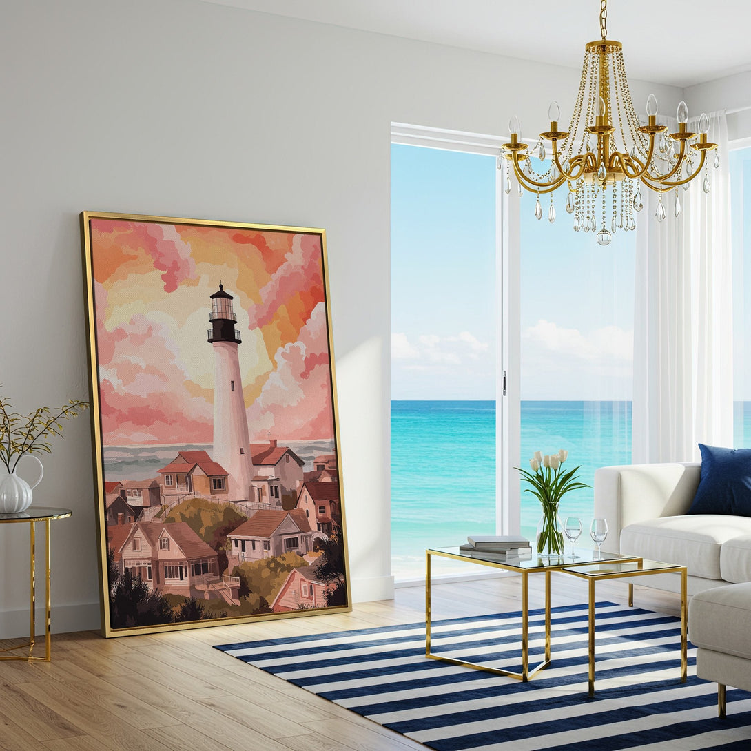 Canvas Print of a lighthouse art piece in a modern living room. Features a warm, sunset color palette. Perfect coastal decor!