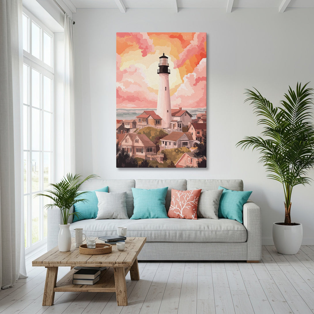 Framed Wall Art: Coastal lighthouse scene in warm sunset hues. Adds a touch of serenity to any living space. Perfect for beach house decor.