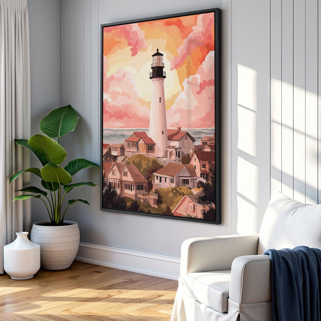Framed Wall Art featuring a lighthouse and coastal town in a warm, watercolor style. Perfect for adding a touch of serenity and color to your home!
