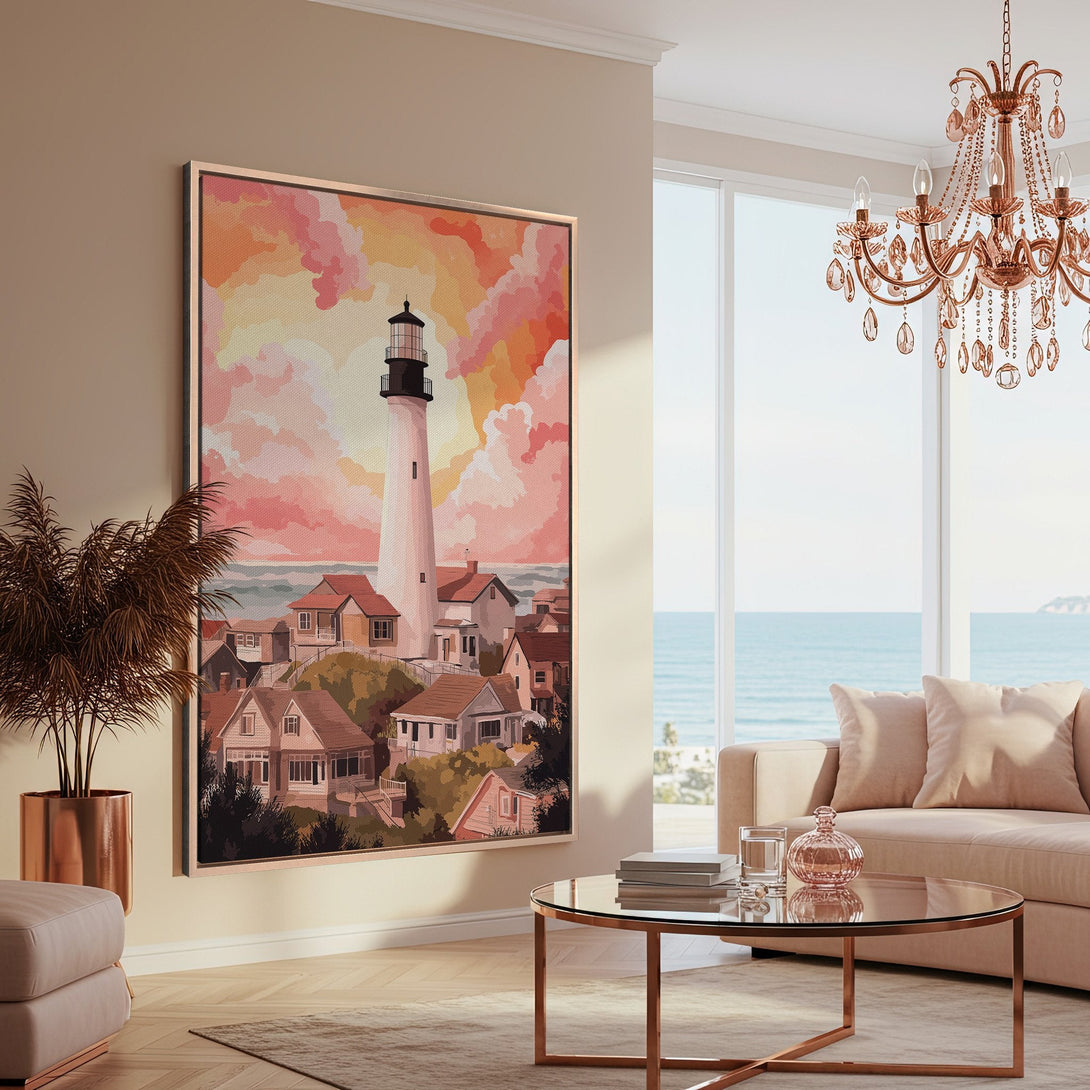 Framed Wall Art featuring a lighthouse scene in a warm, sunset color palette. Stylish coastal decor for your home.