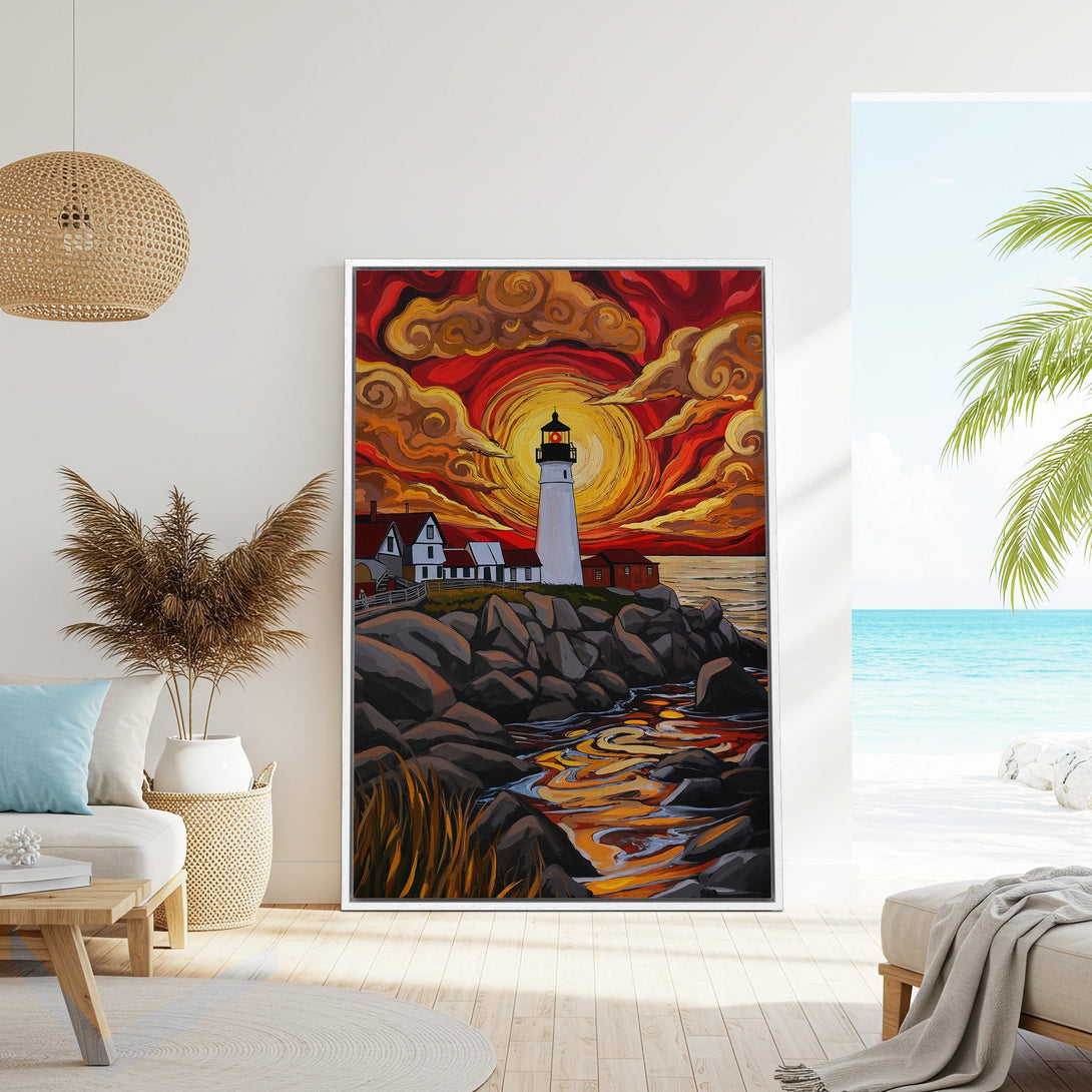 Framed Wall Art: Lighthouse painting with vibrant sunset in warm red and orange hues. Coastal art, perfect for living room decor.